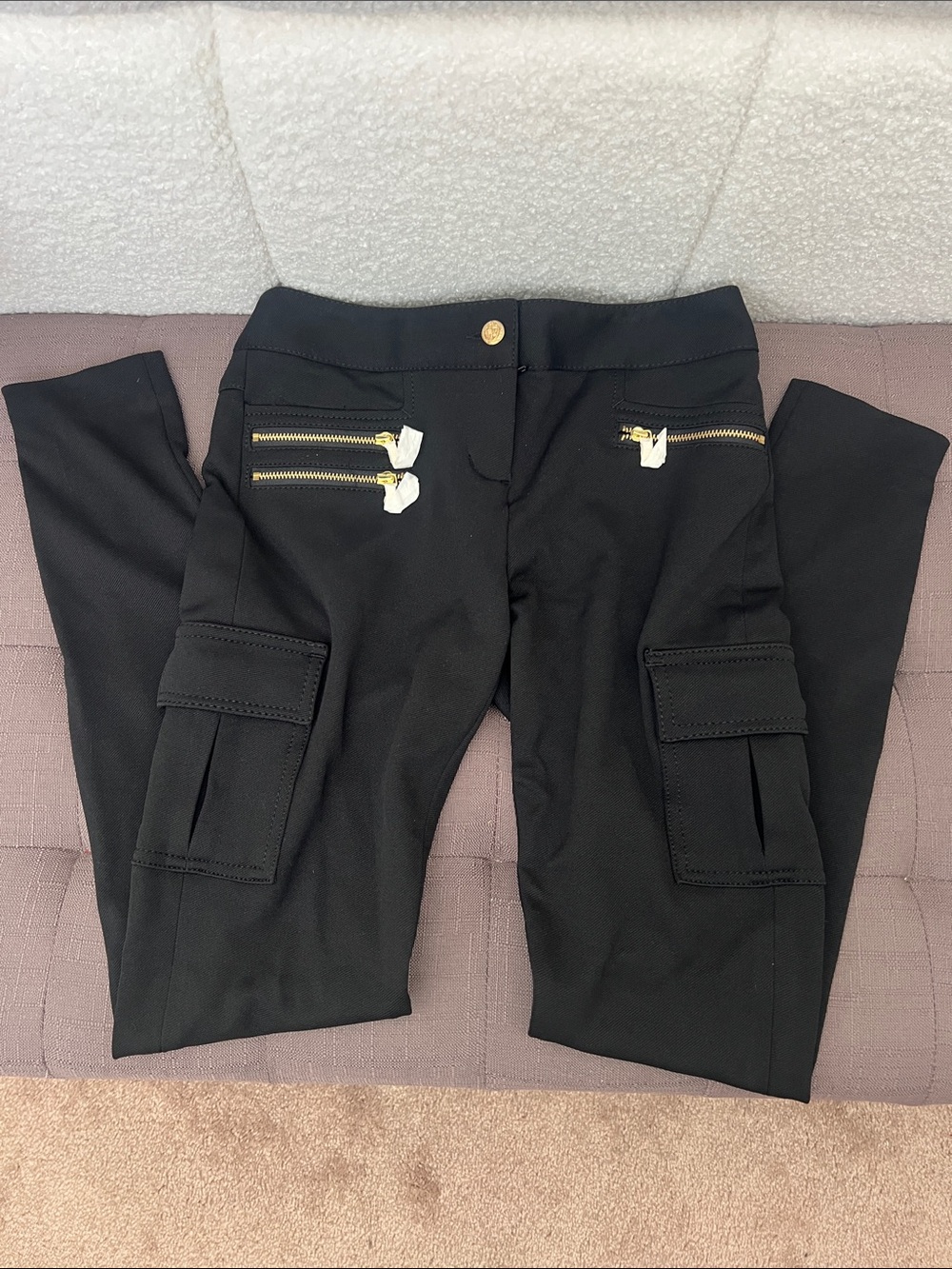 Express Black Cargo Ponte Pants with Gold Zippers
